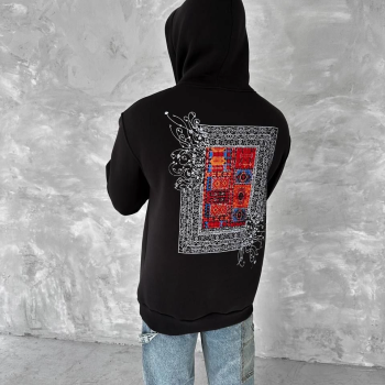 Uzun Kol Kapüşonlu Ön Ve Arka Baskılı SweatShirt - Siyah -
