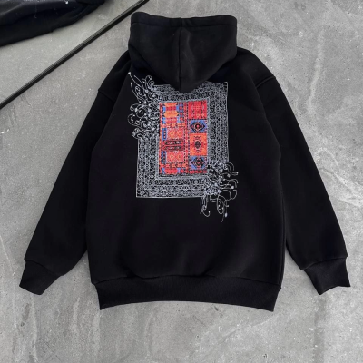 Uzun Kol Kapüşonlu Ön Ve Arka Baskılı SweatShirt - Siyah -