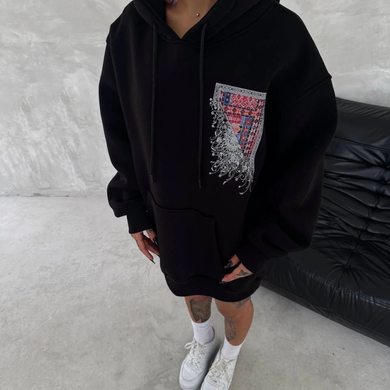 Uzun Kol Kapüşonlu Ön Ve Arka Baskılı SweatShirt - Siyah -