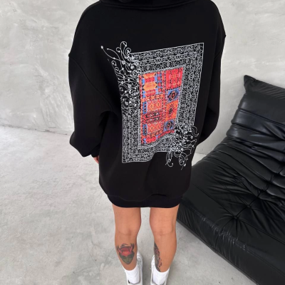 Uzun Kol Kapüşonlu Ön Ve Arka Baskılı SweatShirt - Siyah -