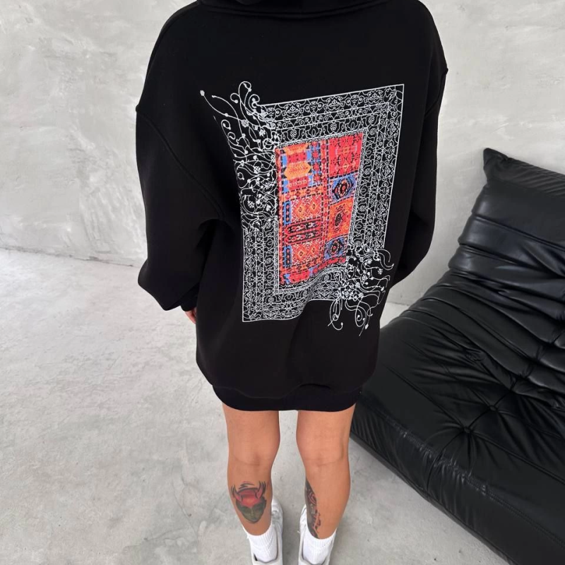 Uzun Kol Kapüşonlu Ön Ve Arka Baskılı SweatShirt - Siyah -