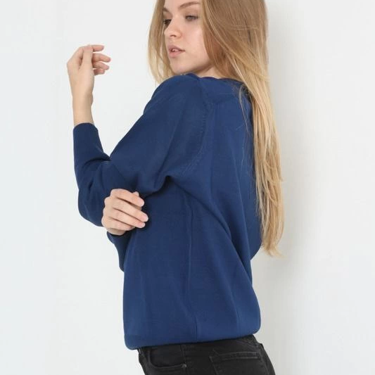 Uzun Kol V Yaka Triko Kazak - Indigo