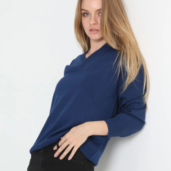 Uzun Kol V Yaka Triko Kazak - Indigo