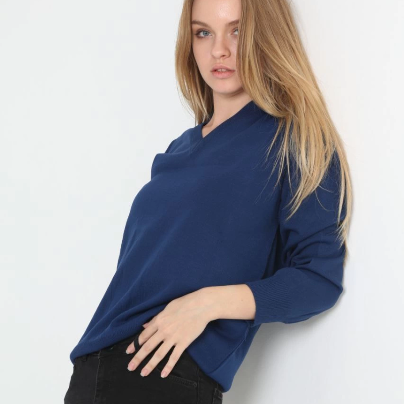 Uzun Kol V Yaka Triko Kazak - Indigo