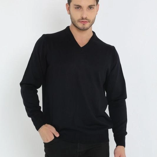 Uzun Kol V Yaka Triko Kazak - Siyah