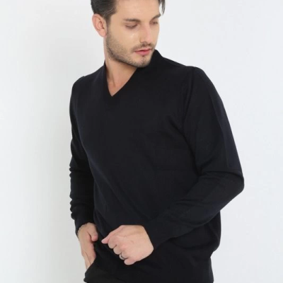 Uzun Kol V Yaka Triko Kazak - Siyah