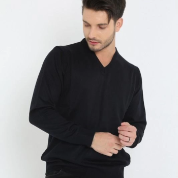 Uzun Kol V Yaka Triko Kazak - Siyah