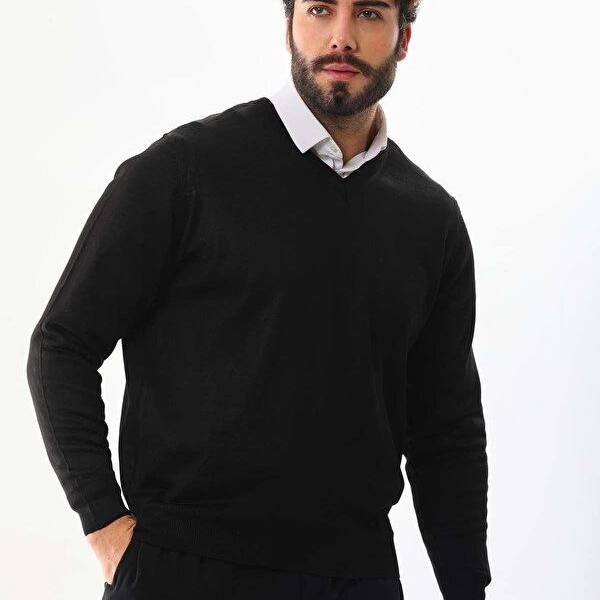 Uzun Kol V Yaka Triko Kazak - Siyah