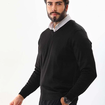 Uzun Kol V Yaka Triko Kazak - Siyah