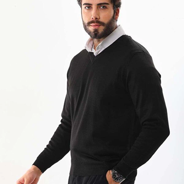 Uzun Kol V Yaka Triko Kazak - Siyah