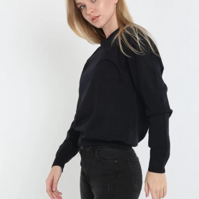 Uzun Kol V Yaka Triko Kazak - Siyah