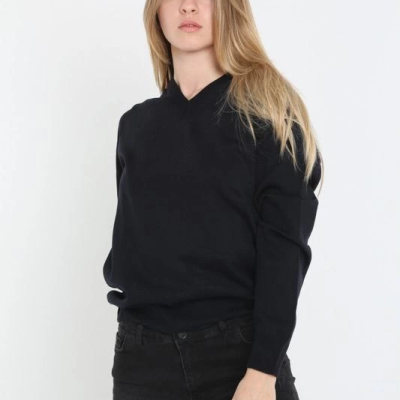 Uzun Kol V Yaka Triko Kazak - Siyah