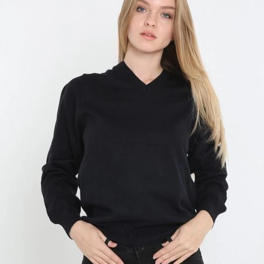 Uzun Kol V Yaka Triko Kazak - Siyah