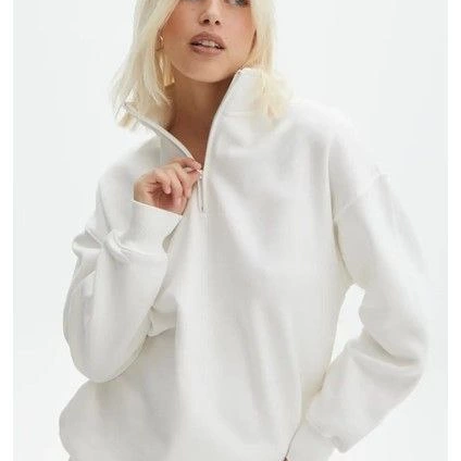 Uzun Kol Yarım Farmuarlı Yakalı Basic SweatShirt - Beyaz