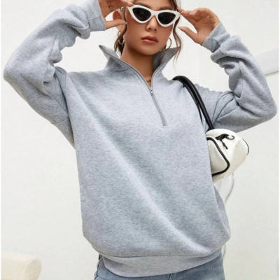 Uzun Kol Yarım Farmuarlı Yakalı Basic SweatShirt - Gri -