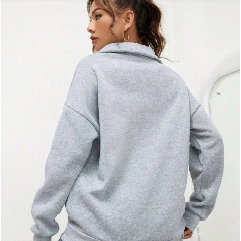 Uzun Kol Yarım Farmuarlı Yakalı Basic SweatShirt - Gri -