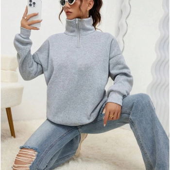 Uzun Kol Yarım Farmuarlı Yakalı Basic SweatShirt - Gri -