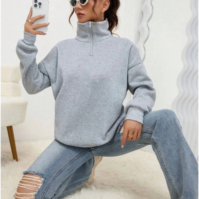 Uzun Kol Yarım Farmuarlı Yakalı Basic SweatShirt - Gri -