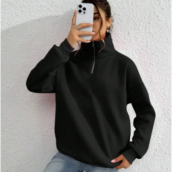 Uzun Kol Yarım Farmuarlı Yakalı Basic SweatShirt - Siyah -