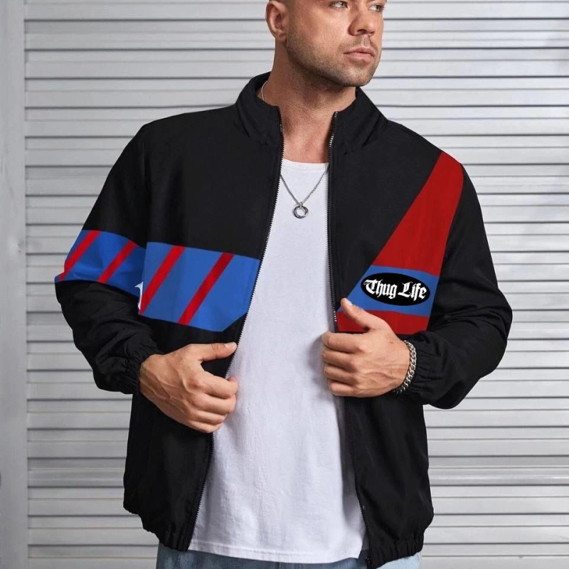 Uzun Koll Fermuarlı Baskılı Rüzgarlik - Siyah -