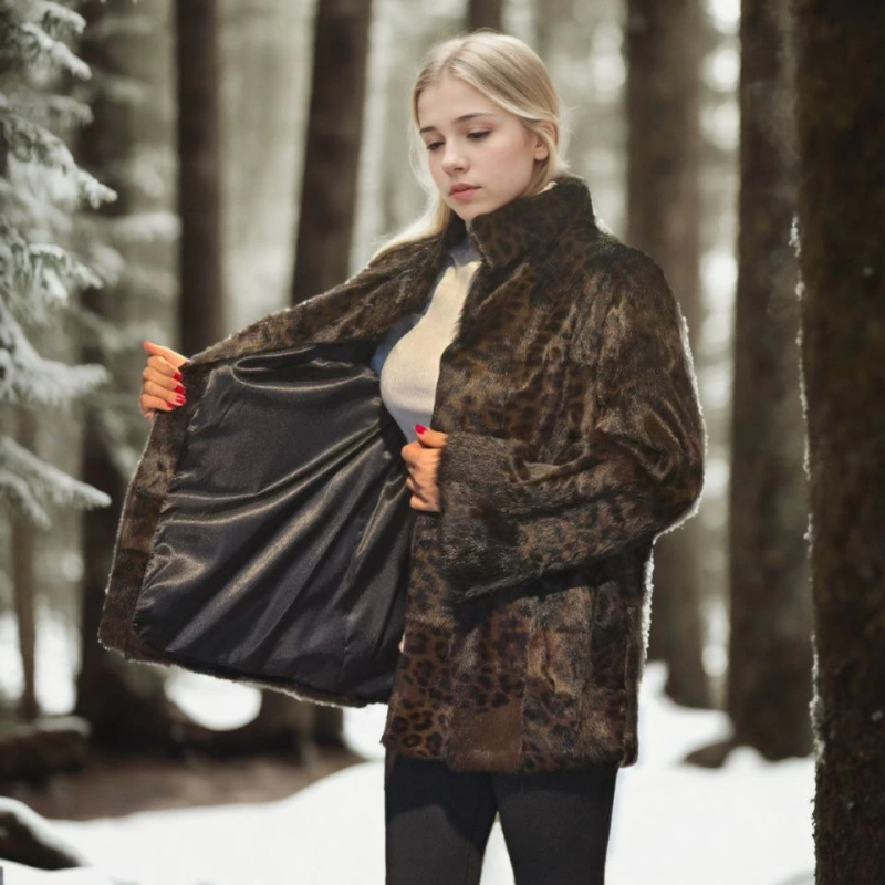 Uzun Kollu Deri Ceket - Leopar -