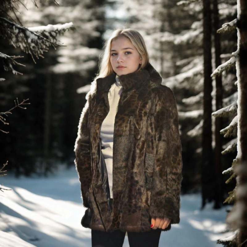 Uzun Kollu Deri Ceket - Leopar -