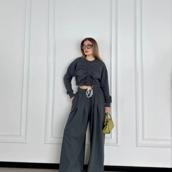 Uzun Kollu Önü İp Büzgülü Crop ve Pantolon İkili Takım - Antrasit -