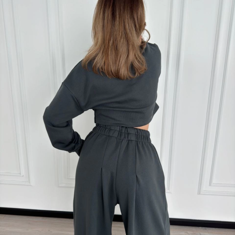 Uzun Kollu Önü İp Büzgülü Crop ve Pantolon İkili Takım - Antrasit -