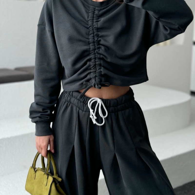 Uzun Kollu Önü İp Büzgülü Crop ve Pantolon İkili Takım - Antrasit -