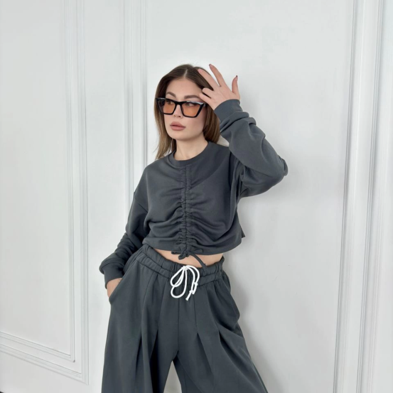 Uzun Kollu Önü İp Büzgülü Crop ve Pantolon İkili Takım - Antrasit -