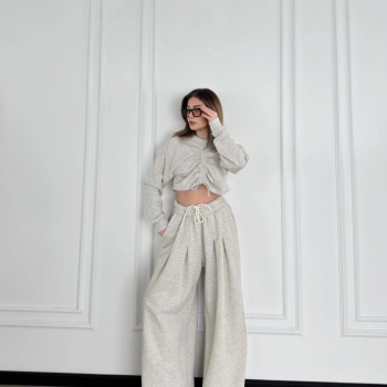 Uzun Kollu Önü İp Büzgülü Crop ve Pantolon İkili Takım - Gri -