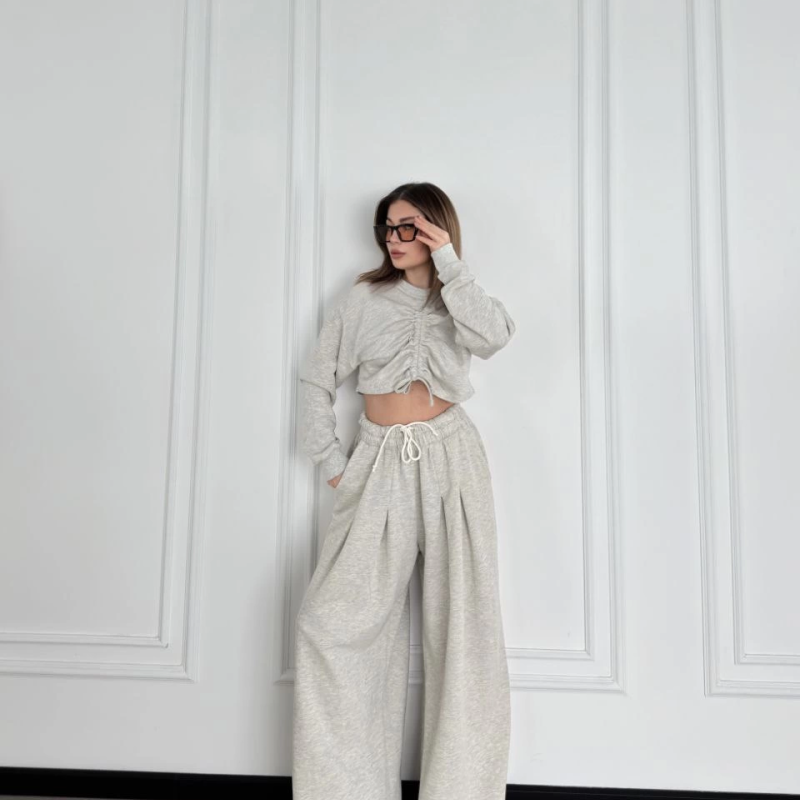 Uzun Kollu Önü İp Büzgülü Crop ve Pantolon İkili Takım - Gri -