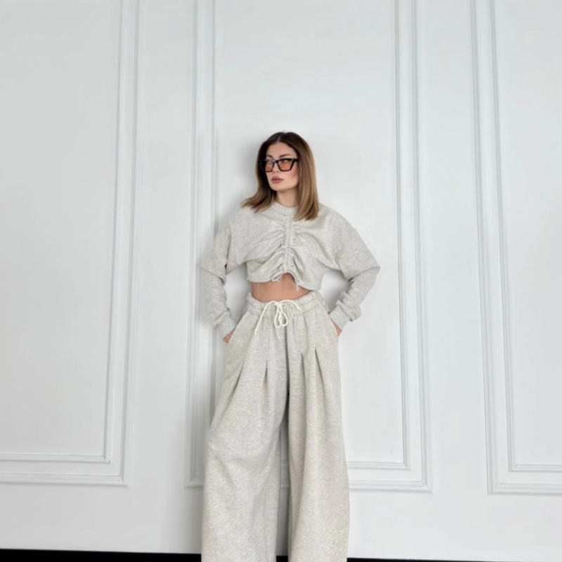 Uzun Kollu Önü İp Büzgülü Crop ve Pantolon İkili Takım - Gri -