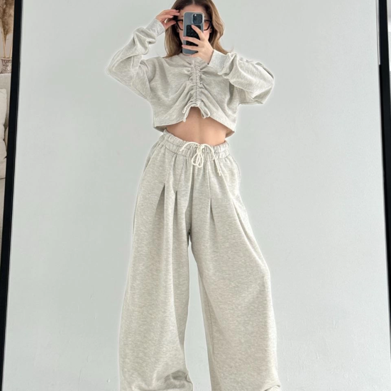 Uzun Kollu Önü İp Büzgülü Crop ve Pantolon İkili Takım - Gri -