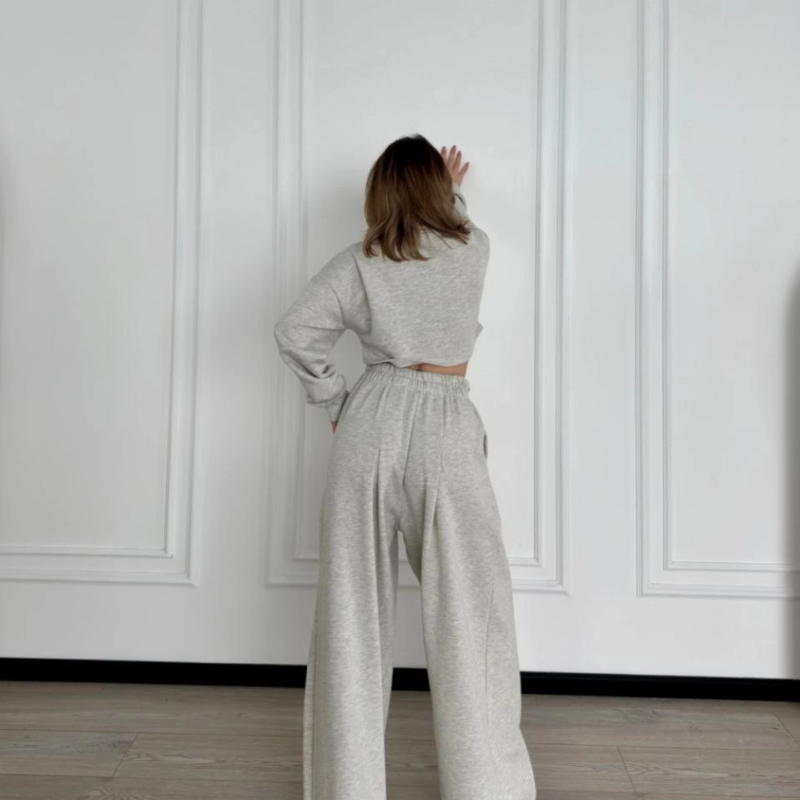 Uzun Kollu Önü İp Büzgülü Crop ve Pantolon İkili Takım - Gri -