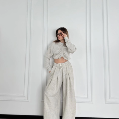 Uzun Kollu Önü İp Büzgülü Crop ve Pantolon İkili Takım - Gri -