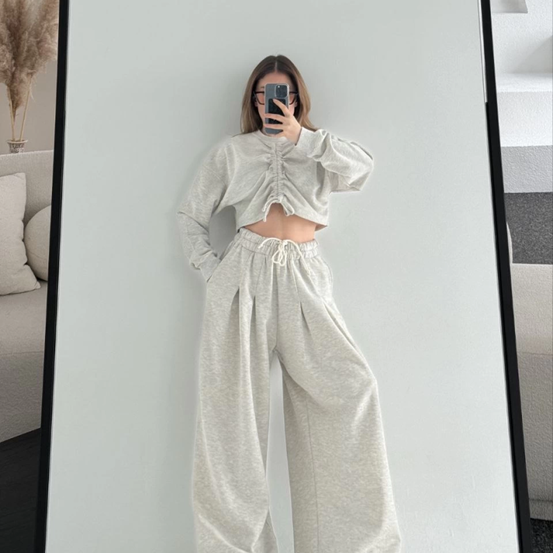 Uzun Kollu Önü İp Büzgülü Crop ve Pantolon İkili Takım - Gri -