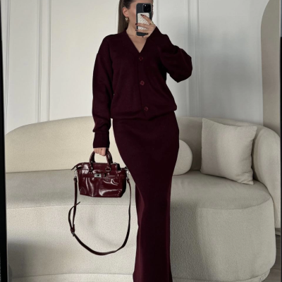 V Yaka 3 Düğmeli Hırka Takım Triko İkili Etekli - Bordo -