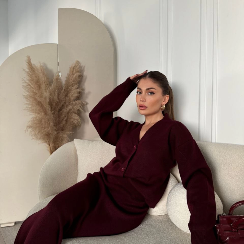 V Yaka 3 Düğmeli Hırka Takım Triko İkili Etekli - Bordo -