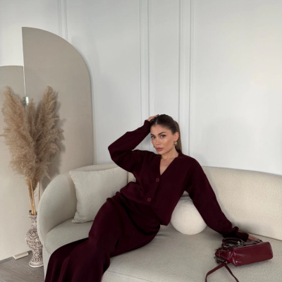 V Yaka 3 Düğmeli Hırka Takım Triko İkili Etekli - Bordo -