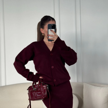 V Yaka 3 Düğmeli Hırka Takım Triko İkili Etekli - Bordo -