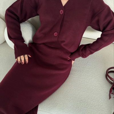 V Yaka 3 Düğmeli Hırka Takım Triko İkili Etekli - Bordo -