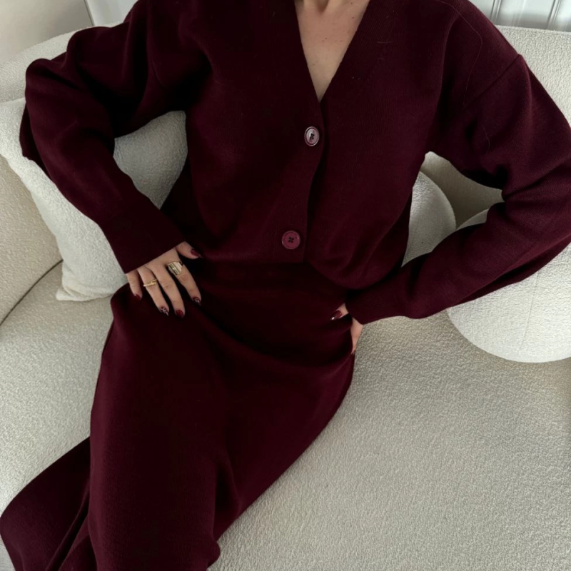 V Yaka 3 Düğmeli Hırka Takım Triko İkili Etekli - Bordo -