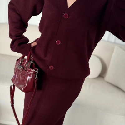 V Yaka 3 Düğmeli Hırka Takım Triko İkili Etekli - Bordo -