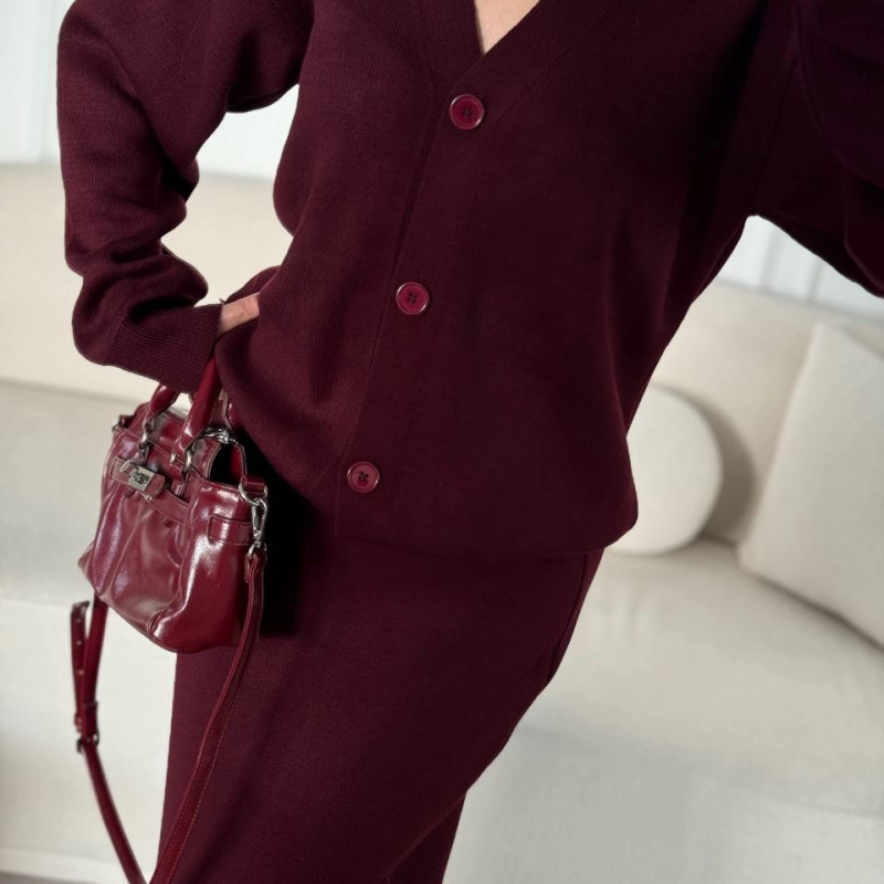 V Yaka 3 Düğmeli Hırka Takım Triko İkili Etekli - Bordo -