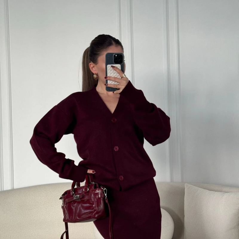 V Yaka 3 Düğmeli Hırka Takım Triko İkili Etekli - Bordo -