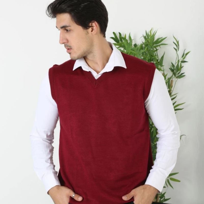 V Yaka Kolsuz Süveter Triko Kazak yumuşak dokulu Pamuklu ince Dokuma Rahat Regular kalıp - Bordo