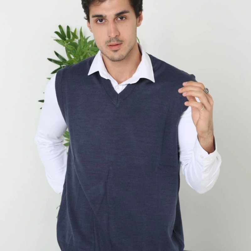 V Yaka Kolsuz Süveter Triko Kazak yumuşak dokulu Pamuklu ince Dokuma Rahat Regular kalıp - Lacivert