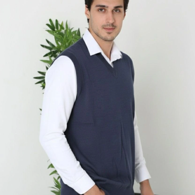 V Yaka Kolsuz Süveter Triko Kazak yumuşak dokulu Pamuklu ince Dokuma Rahat Regular kalıp - Lacivert