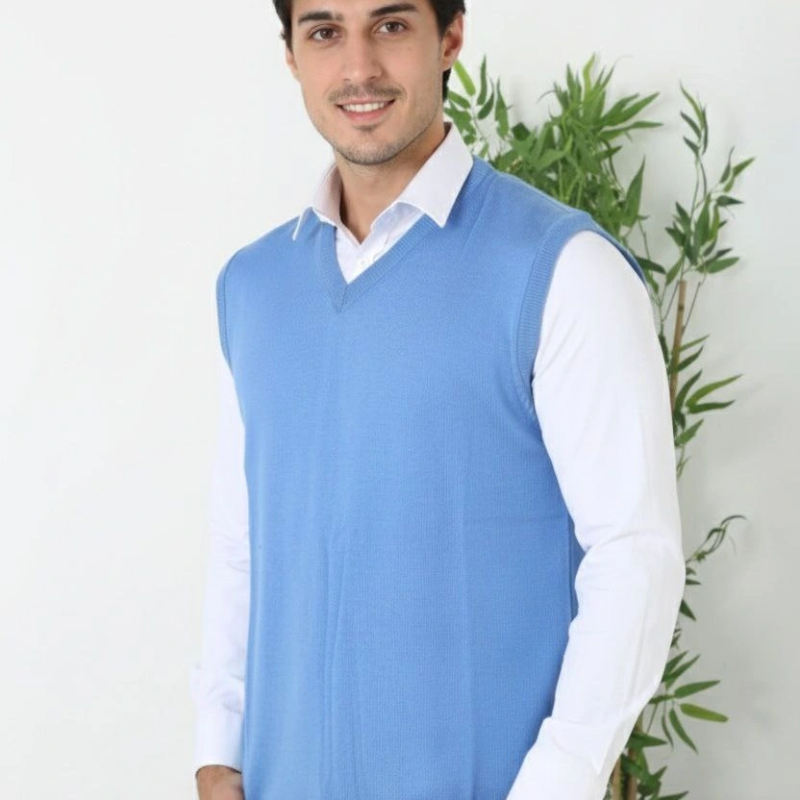 V Yaka Kolsuz Süveter Triko Kazak yumuşak dokulu Pamuklu ince Dokuma Rahat Regular kalıp - Mavi